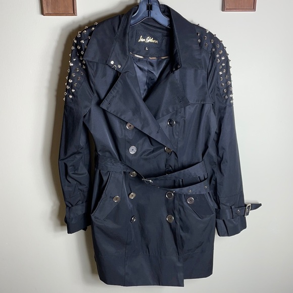 Sam Edelman Studded Shoukder Black Trench Coat - Picture 3 of 8